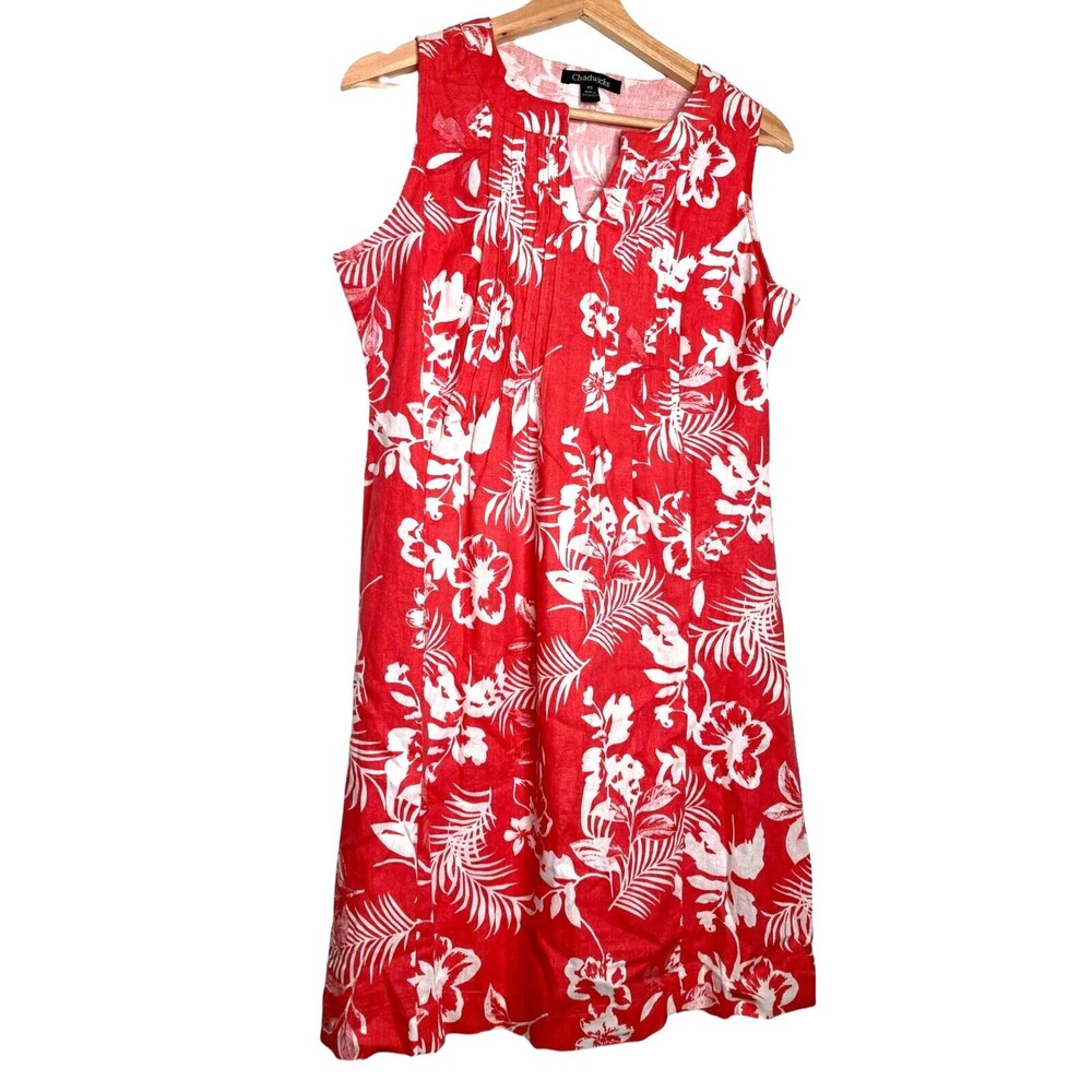 Chadwicks Womens Sleeveless Linen Rayon Dress Floral Pleated Neckline Details PS